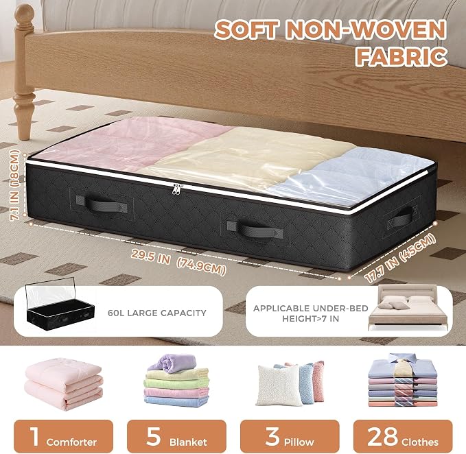 Budding Joy Under Bed Storage Containers with Clear Lids, 4 Pack | Underbed Storage Bags for Blankets, Towels, Comforter, Sweaters, Linen Sheets, Wrapping Paper - Image 3