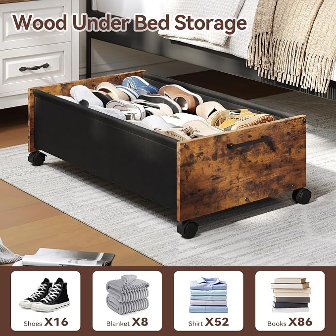 FOUCSSOMEI Under Bed Storage with Wheels, Wooden Under Bed Drawers On Wheels, Rolling Under Bed Shoe Storage, Space Saving, Rustic Brown,90L - Image 2