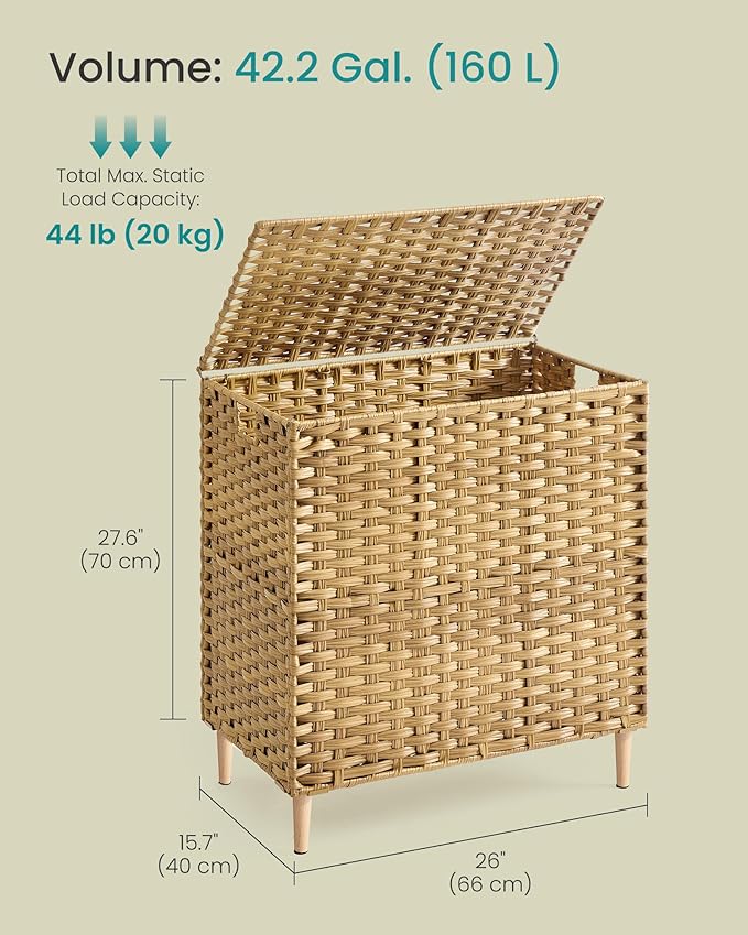 SONGMICS 3-Section Laundry Hamper with Lid, PE Rattan, 42 Gallons (160 L) - Image 7