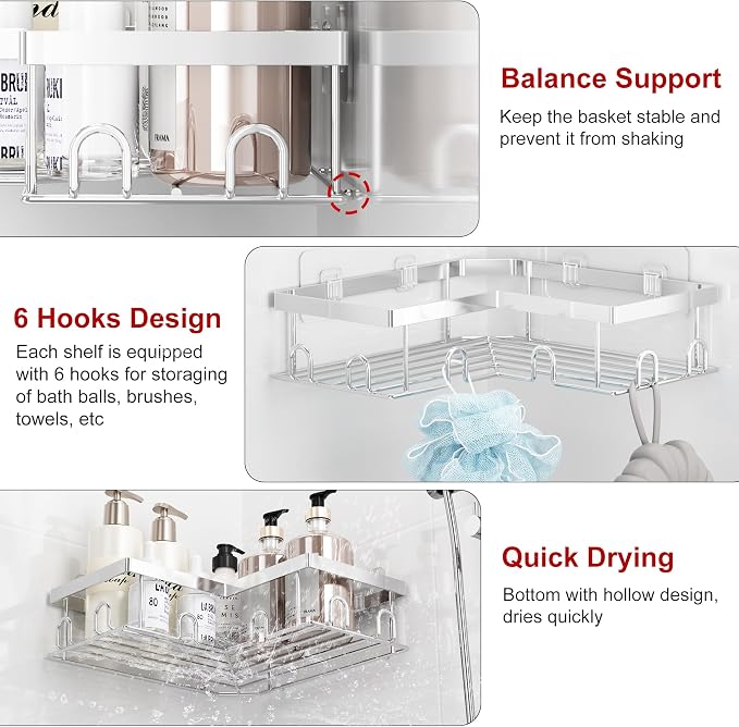 Liuoud Corner Shower Caddy 5 Pack Adhesive Stainless Steel Organizer Silver - Image 9
