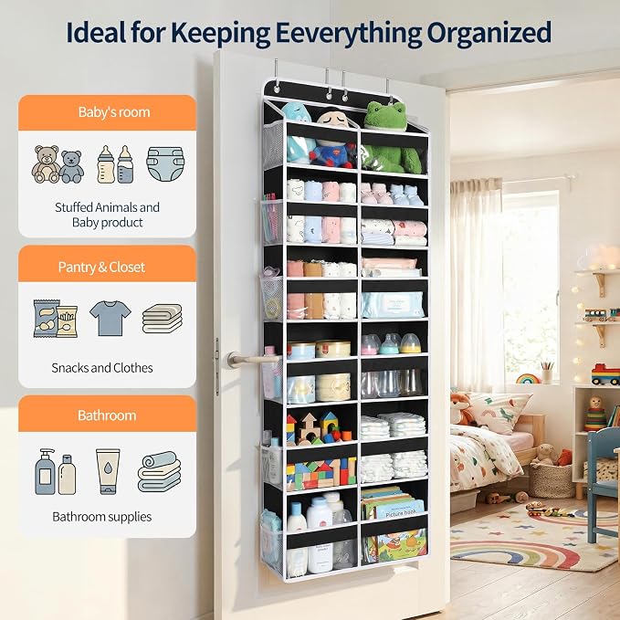 Yecaye 6 Tier Over The Door Organizer, Door Organizer with 12 Compartments | 20" W, Extra Large Behind Door Storage With 12 Side Pockets, 80lbs Heavy Duty, Clear Window, for Closet Bedroom Pantry, Black - Image 8