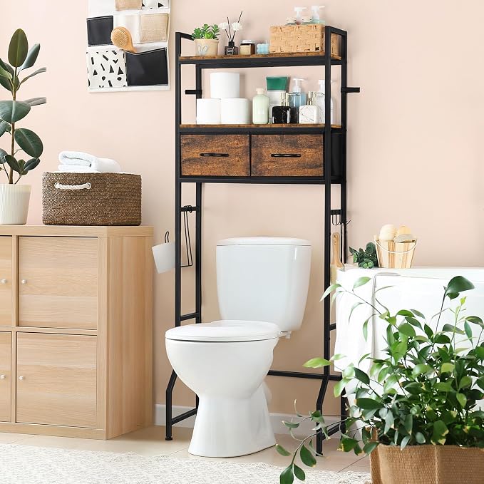 YBING Over The Toilet Bathroom Storage Cabinet for Freestanding, Above Toilet Shelf with Fabric Drawer, Tall Bathroom Shelf Organizer with Toilet Paper Holder, Brown - Image 3