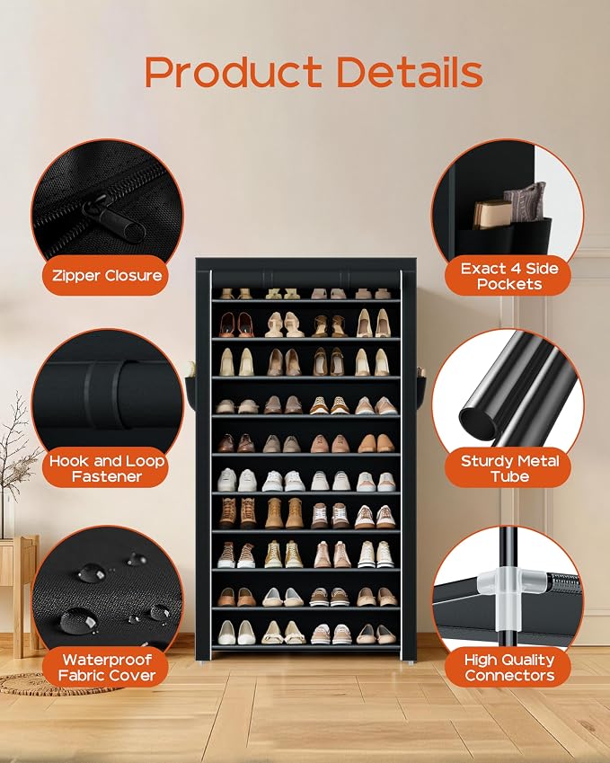 CASAMAYA Shoe Rack with Covers, 10 Tiers Tall Shoe Rack Organizer, Large Capacity Shoe Shelf Storage, Hold 40 Pairs of Shoes, Vertical Shoe Storage Organizer for Closet, Entryway, Black, SRT104B01 - Image 7