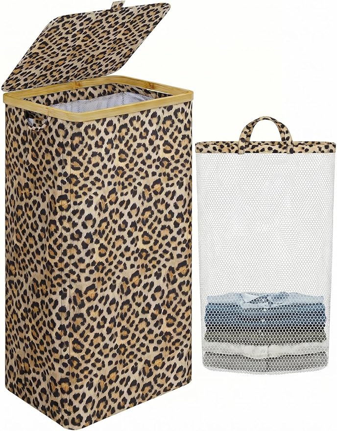 IEGrow Laundry Hamper with Lid,110L Laundry Basket with Bag,Leopard Print by iEGrow