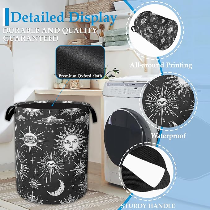 Sun Moon Laundry Basket Collapsible Laundry Hamper Oxford Storage Bin for Clothes Storage, Toy Organizer, Books and Sundries 16" X 20.8" - Image 3