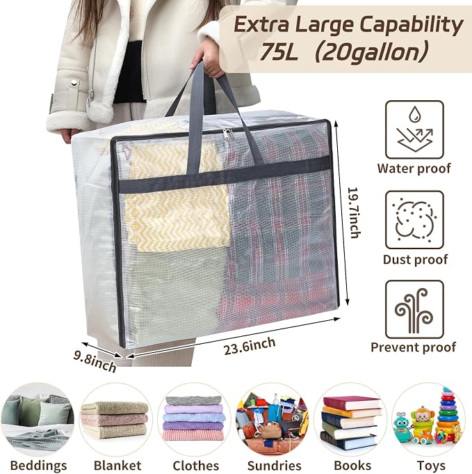 Fixwal Storage Bags 4 Pack 75L XL Mesh Clear for Blankets Clothes Comforter - Image 2