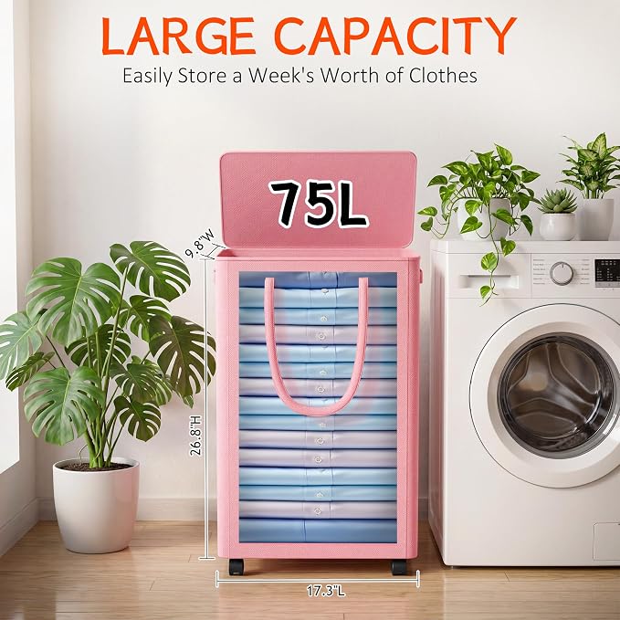 Slim Laundry Hamper with Wheels,20 Gal (75L) Rolling Laundry Basket with lid and wheels Clothes Hamper Foldable Tall Dirty Clothes Basket Sturdy Collapsible Clothes Hamper for Dorm,Laundry Room - Image 2