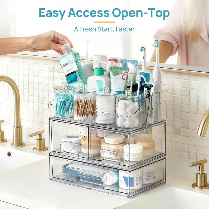 Vtopmart 8 PCS Bathroom Countertop Organizer, 1 Divided Tray with 4 Qtip Holder Jars and 3 Drawers, Restroom Clear Organizers for Toothbrush, Cotton Pads, Vanity Accessories Storage Set - Image 4