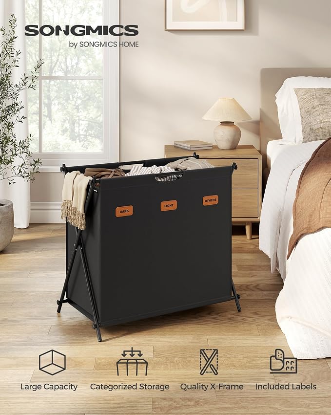 SONGMICS Laundry Hamper, 35.6 Gal. 3 Sections, Collapsible X-Frame - Image 2