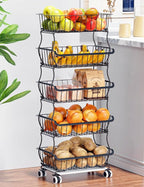 OKZEST 5 Tier Fruit Basket for Kitchen, Stackable Bins Wire Rack with Wheels, Fruit and Vegetable Storage Basket Pantry Food Snack Organizer Shelf, Kitchen Storage Cart for Onion and Potato, Produce - Image 9
