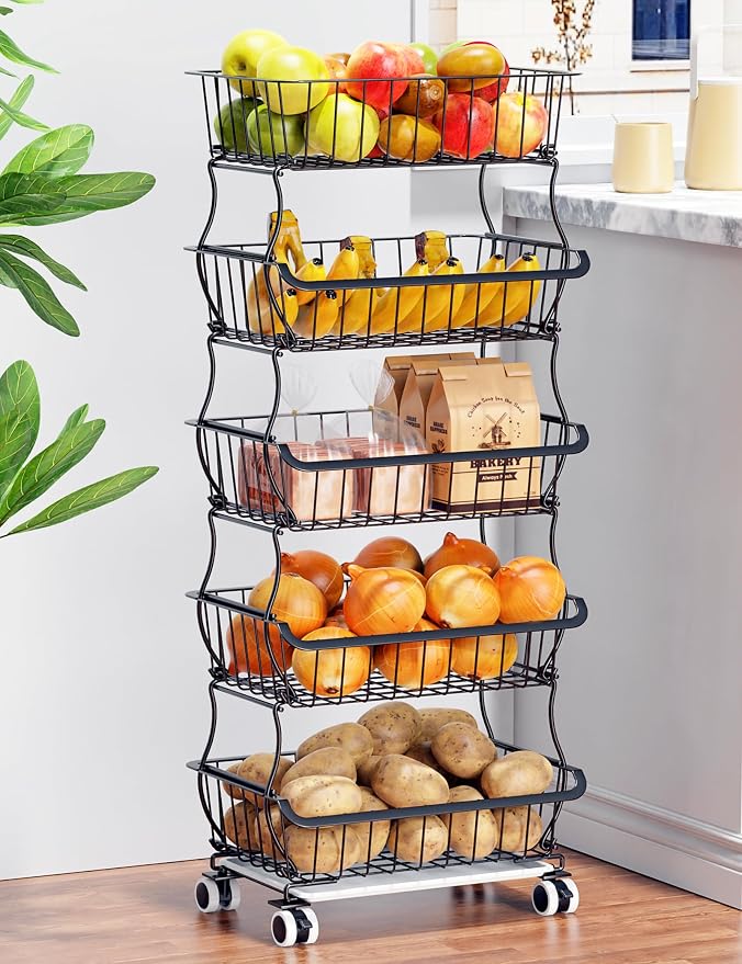 OKZEST 5 Tier Fruit Basket for Kitchen, Stackable Bins Wire Rack with Wheels, Fruit and Vegetable Storage Basket Pantry Food Snack Organizer Shelf, Kitchen Storage Cart for Onion and Potato, Produce - Image 9