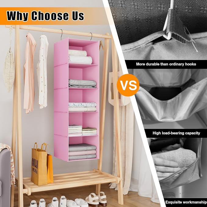 Hanging Closet Organizer 5-Shelf, Oxford Fabric Wardrobe Storage, Pink | Easy-mount foldable design holds clothes, handbags, shoes & accessories; washable Oxford fabric, sturdy and space-saving. - Image 7