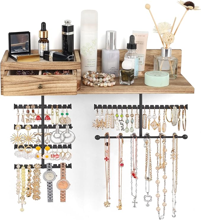 VINAEMO Jewelry Organizer Hanging Wall Mounted Jewelry Holder with Rustic Wood Drawer & Large Capacity Storage Shelf Rack Display for Earrings Rings Necklaces Bracelet by VINAEMO