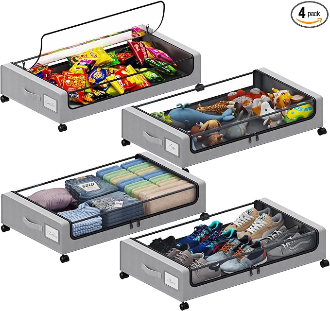 Tututry Under Bed Storage with Wheels, XXL 60L Under the Bed Storage Bins, Underbed Storage Containers with Lids & Label, Rolling Metal Drawer for Shoes, Clothes, Books, Toys (4-Pack Gray) by Tututry