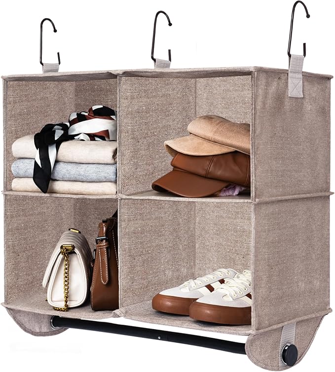 StorageWorks Hanging Closet Organizer with Rod, 4 Sections, 2 Tiers, Brown | Maximize Closet Space with 4 Open Sections and Built-in Rod for Hanging Clothes Below by StorageWorks