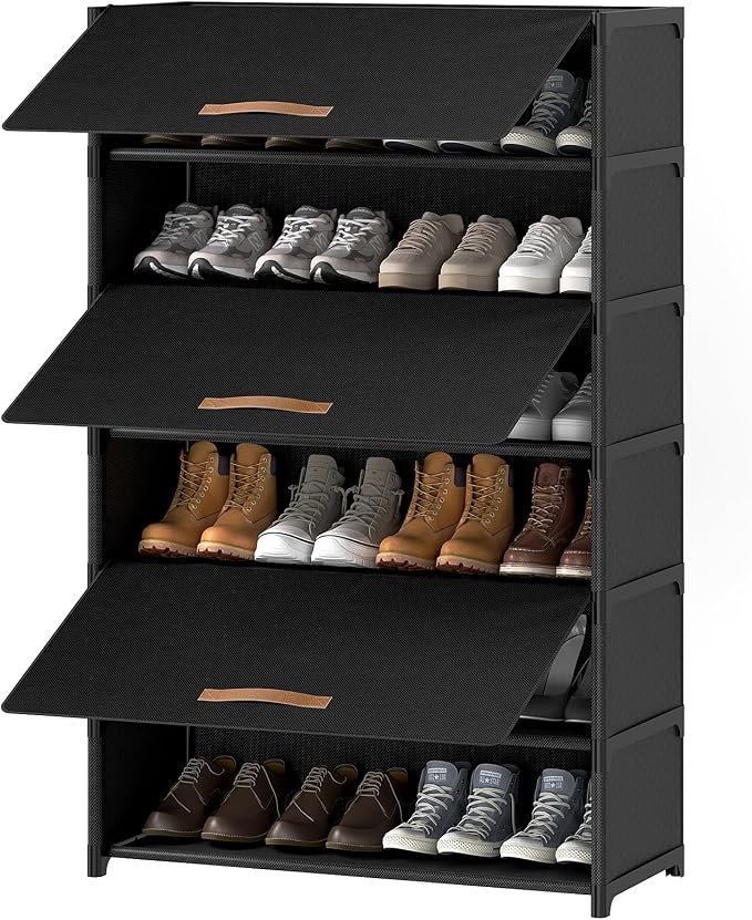 7 Tier Shoe Cabinet with Door, 28-Pair Storage, Black | Tall Design Saves Floor Space, Door Blocks Dust & Pets, Holds Heels to Boots, Quick Assembly with Connectors by UNITSTAGE