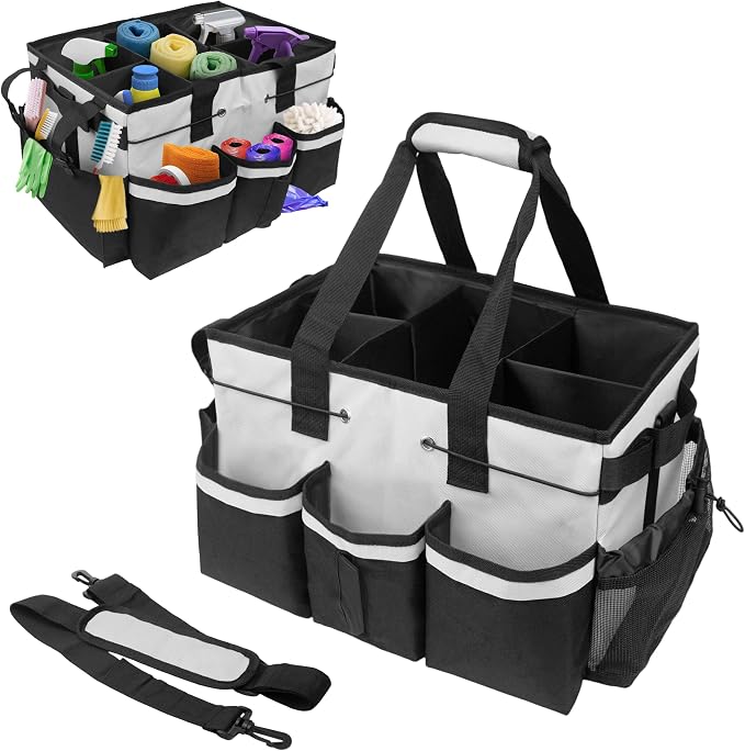ZKOO Large Cleaning Caddy Bag with Handle, Built-in Sturdy Support Board, Adjustable Shoulder Strap, Multi-compartment Design Cleaning Supply Tote for Cleaners & Housekeepers (White) by ZKOO