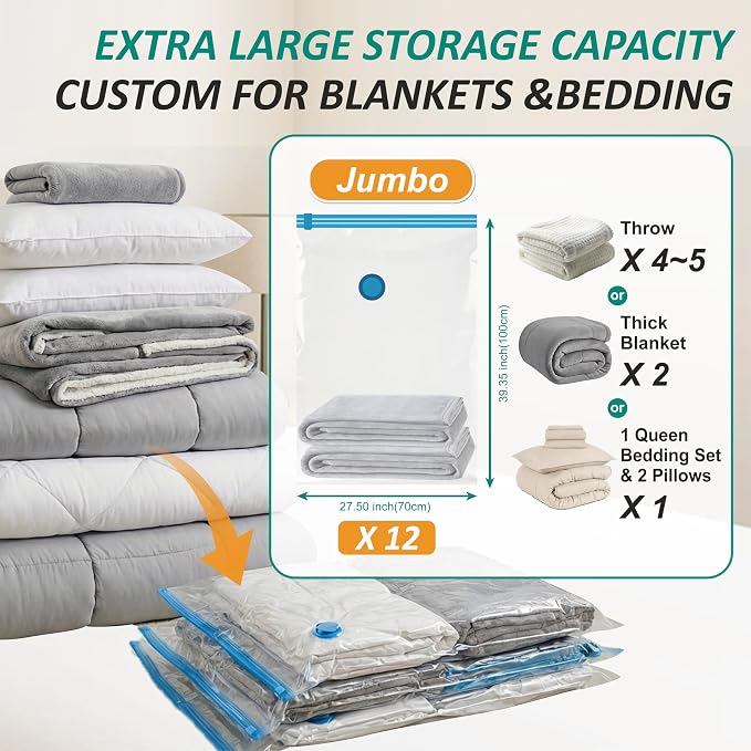 12 Jumbo Vacuum Storage Bags for Blankets & Bedding, Space Saver Bags | Jumbo Capacity for Bulky Bedding; 80% Space-Saving for Blankets, Comforters & Pillows; For Closets & Seasonal Storage - Image 3