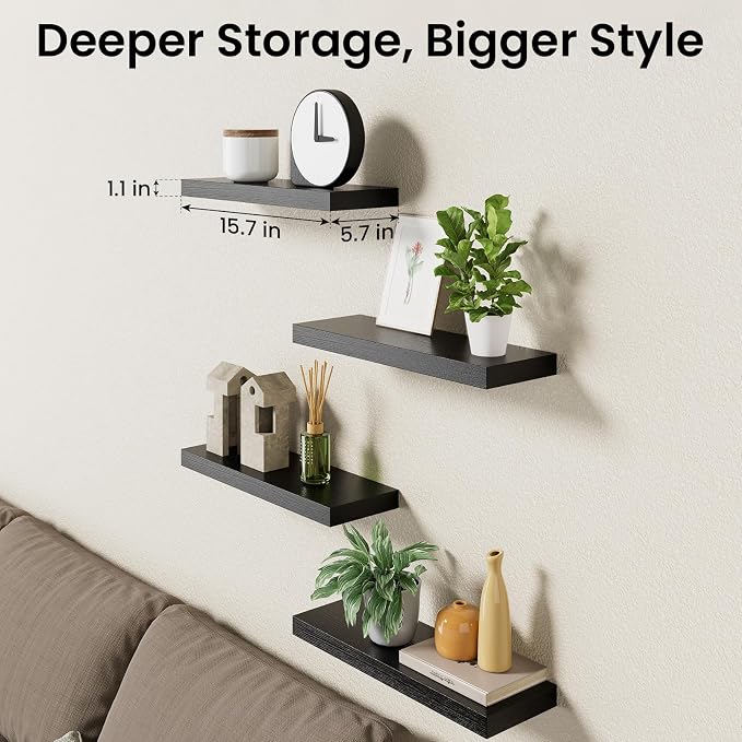 BAYKA Black Floating Shelves 15.7in, Set of 4, Wall Mount Rustic Wood Shelf - Image 8