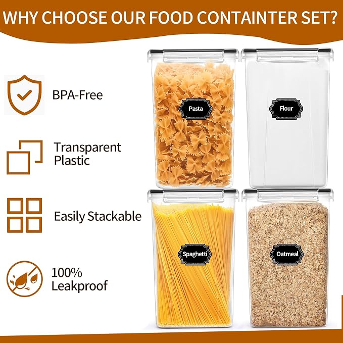 HKJ Chef 4 Pack Extra Large Airtight Food Storage Containers with Lids (6.5L / 220 oz), BPA Free Plastic Kitchen and Pantry Organization Contianers for Cereal Flour and Sugar Storage, Labels & Marker - Image 5