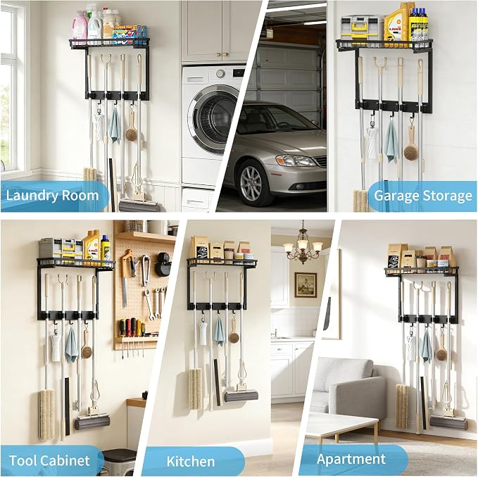 XLP Heavy Duty Broom Holder Wall Mount, All-Metal Cleaning Supplies Organizer & Mop Holder, Space Saving Wall Hanging Rack with Hooks for Home, Garage, Laundry Room - Black - Image 7