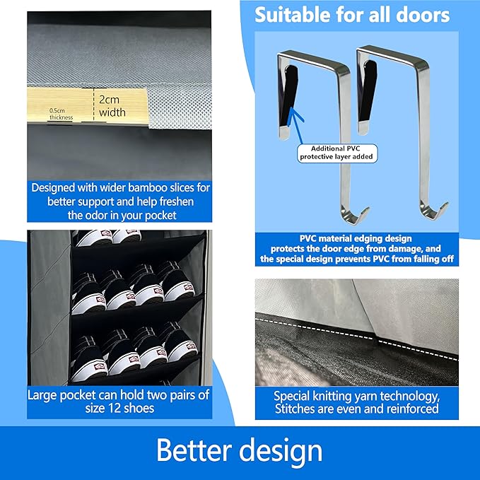 shoe organizer,70 Pounds Large Capacity,20-30-Pair over the door shoe organizer,10 Tiers shoe rack for closet,New upgrade Anti-scratch heavy duty hook and Bamboo material Baffle,Grey/Black - Image 2