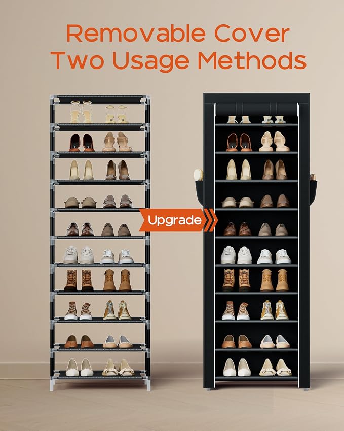 CASAMAYA Shoe Rack with Covers, 10 Tiers Tall Shoe Rack Organizer, Large Capacity Shoe Shelf Storage, Hold 20 Pairs of Shoes, Vertical Shoe Storage Organizer for Closet, Entryway, Black, SRT102B01 - Image 5