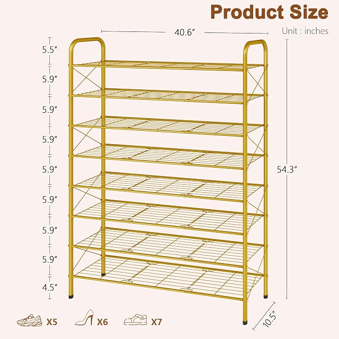 Hoctieon 8 Tier Shoe Rack for Closet, Durable Mesh Style Shoe Rack, Entryway Shoe Shelf, Shoe Storage Organizer for Hallway, Bedroom, Living Room, Wardrobe, Gold - Image 3