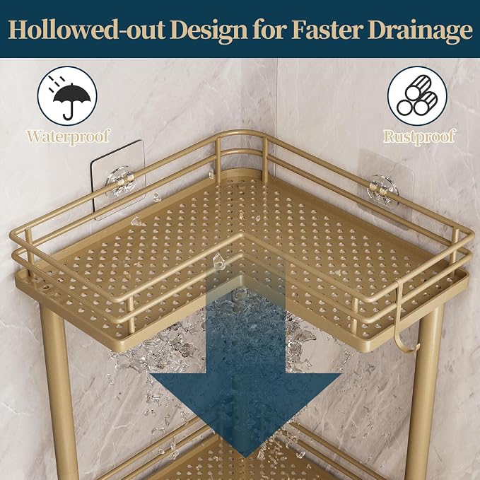 Consumest Corner Shower Caddy Standing - 3-Tier Stainless Steel Shower Organizer with Soap Holder and 4 Hooks, Large Capacity Corner Shelf Stand for Bathroom, Rest Room, Gold - Image 4