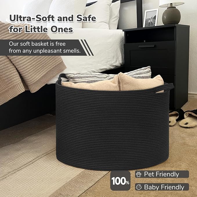 INDRESSME 115L Extra Large Woven Rope Blanket Basket Living Room, Black - Image 5