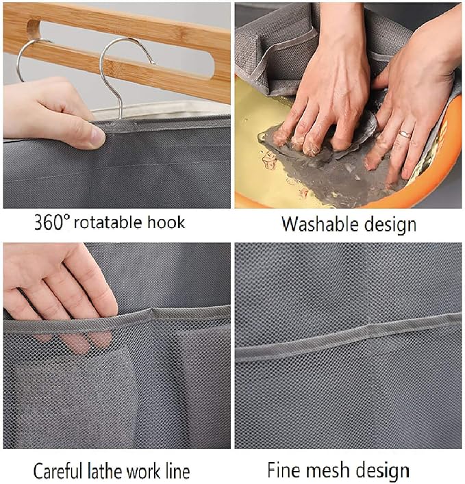 Closet Hanging Organizer with Mesh Pockets & Rotating Metal Hanger,Dual Sided Wall Shelf Wardrobe Storage Bags,Oxford Cloth Space Saver Bag for Bra Underwear Underpants Socks (gray) - Image 3