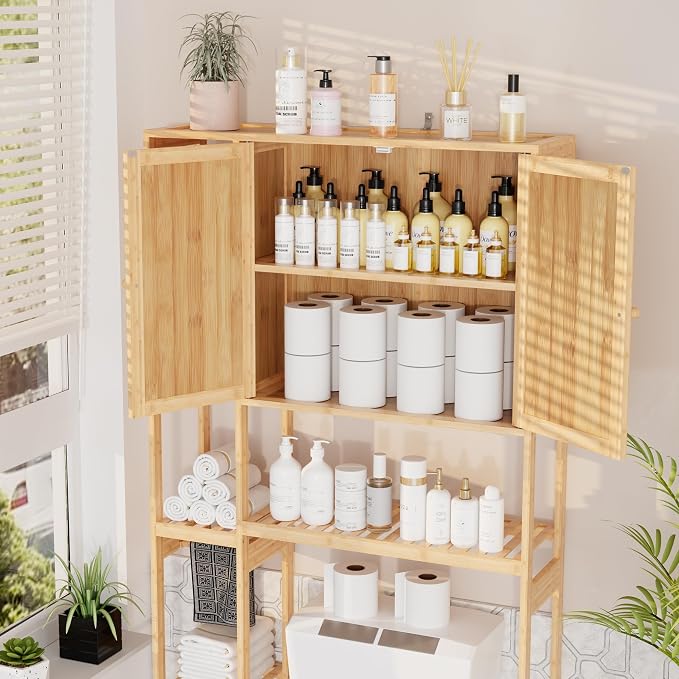 Bamboo Over-the-Toilet Storage Cabinet with Shelves for Small Bathrooms - Image 3