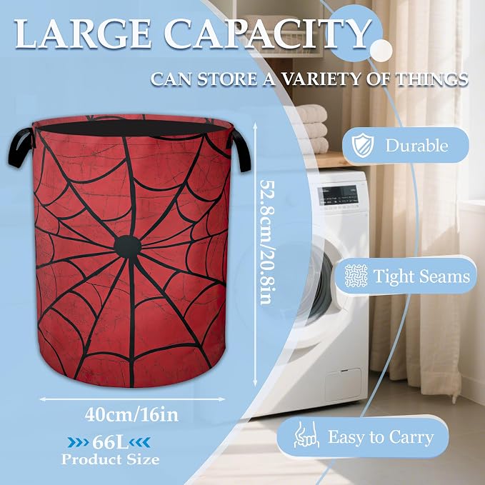 Red Spider Web Laundry Basket Collapsible Laundry Hamper, Oxford Cloth Storage Bin for Room/Bathroom/Bedroom/Dormitories 16" X 20.8" - Image 2