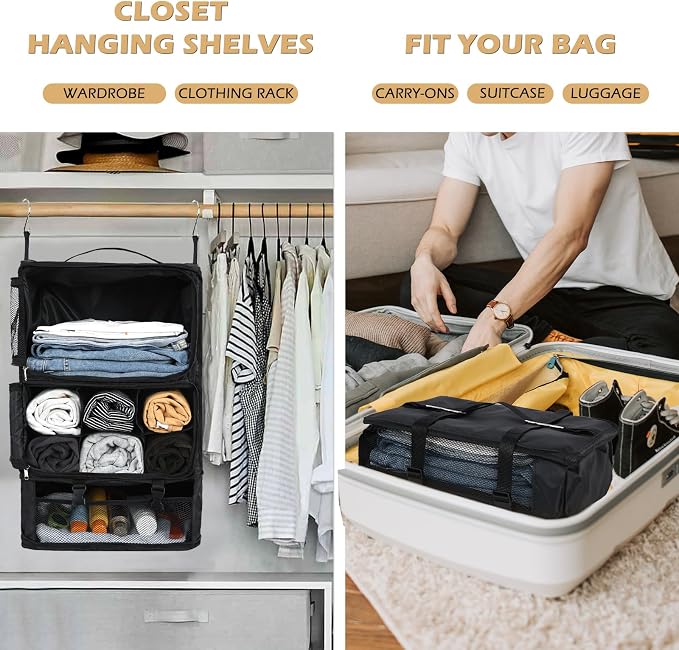 Surblue Hanging Shelves Travel Storage Bag Compression Packing Cube for Suitcase Portable Closet Organizer Collapsible with Extension Layer Large Capacity,Black,XXL - Image 2