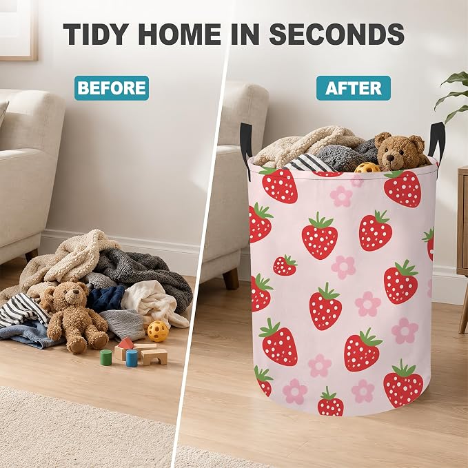 Laundry Basket,Pink Strawberry Foldable Clothes Hamper with Handles,Cute Flower Waterproof Oxford Cloth Storage Organizer for Bedroom Bathroom College Dorm,16" x 20" - Image 4