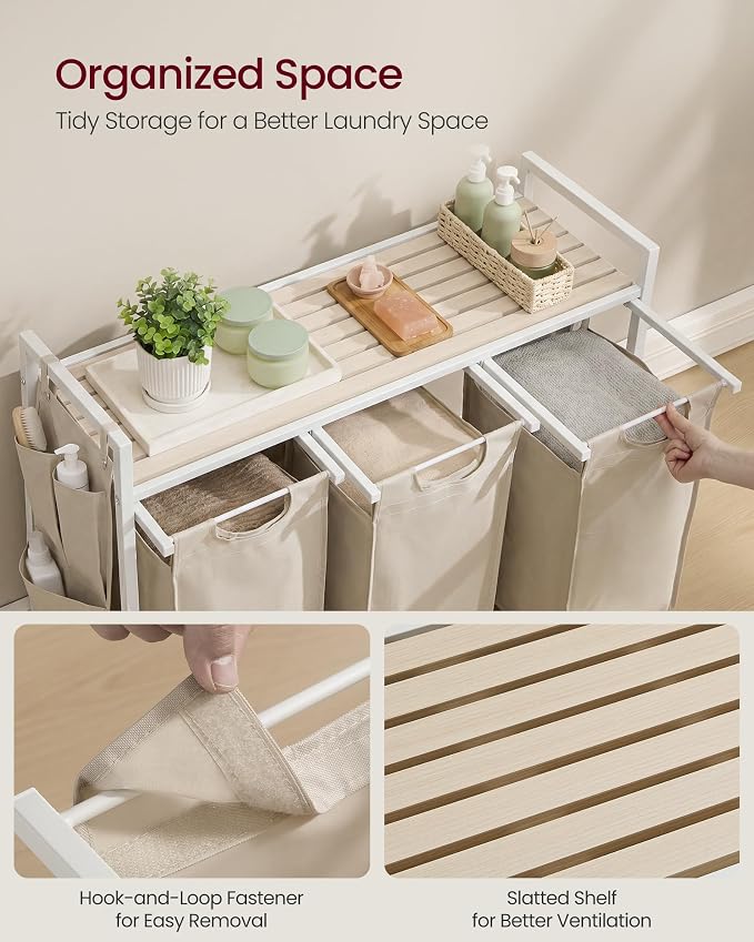 VASAGLE Laundry Hamper with Shelf, 3 Pull-Out Bags, 3 x 10.6 Gallons (40 L) - Image 4