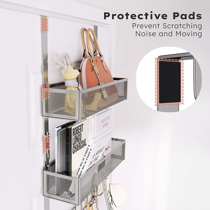 Consumest Over The Door Hooks Organizer - 3 Tier Door Hanger with 9 Coat Hooks & 2 Mesh Basket, Back Storage Organizer Hanging Towels for Bathroom, Bedroom, Sand Nickel - Image 3