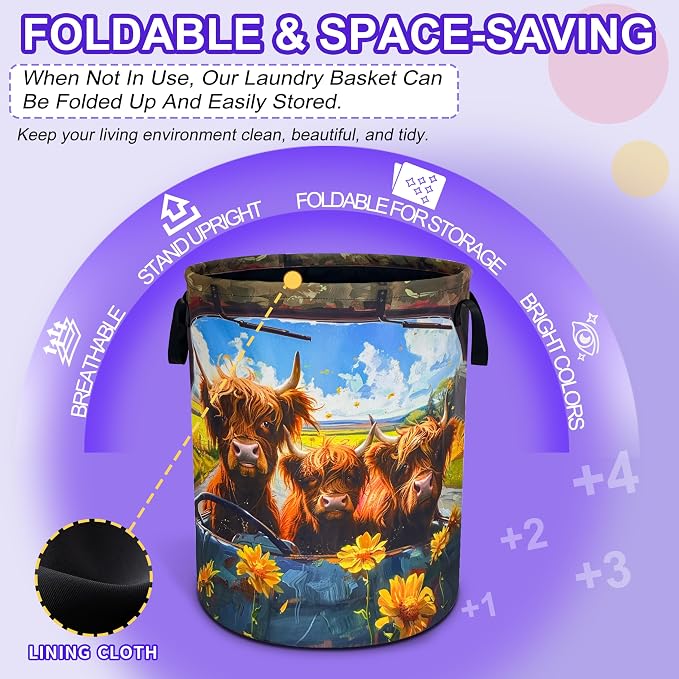 Highland Cow Laundry Basket Foldable Oxford Cloth Hamper 18.9 x 16.5 Inch - Image 5