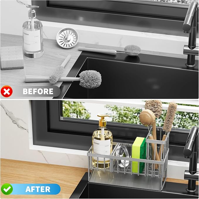 Cisily Sink Caddy Organzier with High Brush Holder, Sponge Holder for Sink, 304 Rustproof Stainless, Kitchen Countertop Soap Dispenser Organizer, Gray Kitchen Decor and Accessories - Image 6