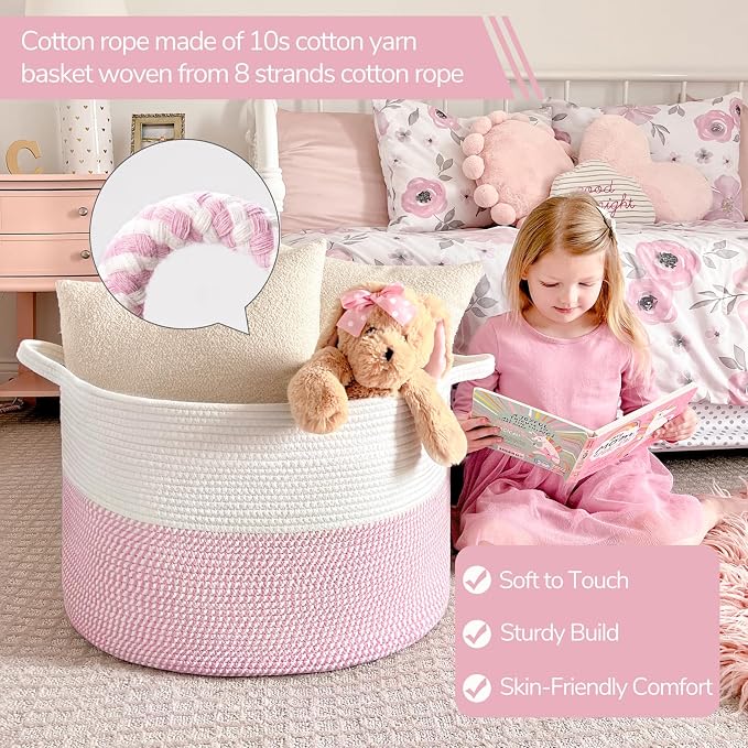 INDRESSME XXXLarge Woven Rope Blanket Basket Living Room Pink, 90L - Image 2