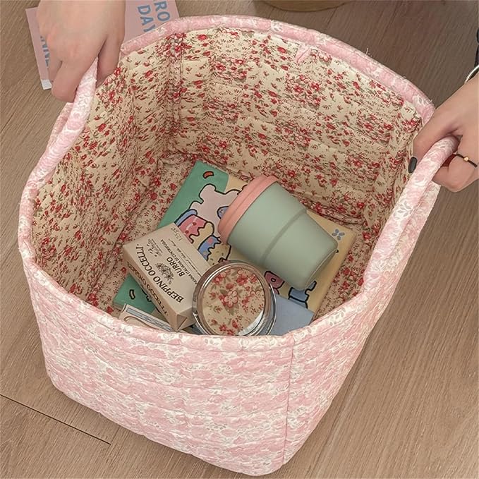 Quilted Fabric Storage Basket with Handles & Pocket, Foldable Laundry Hamper Boho Floral Print Organizer Bin for Home, Picnic, Office 12"x10"x10" (A-4) - Image 3