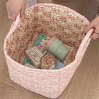 Quilted Fabric Storage Basket with Handles & Pocket, Foldable Laundry Hamper Boho Floral Print Organizer Bin for Home, Picnic, Office 12"x10"x10" (A-4) - Image 3
