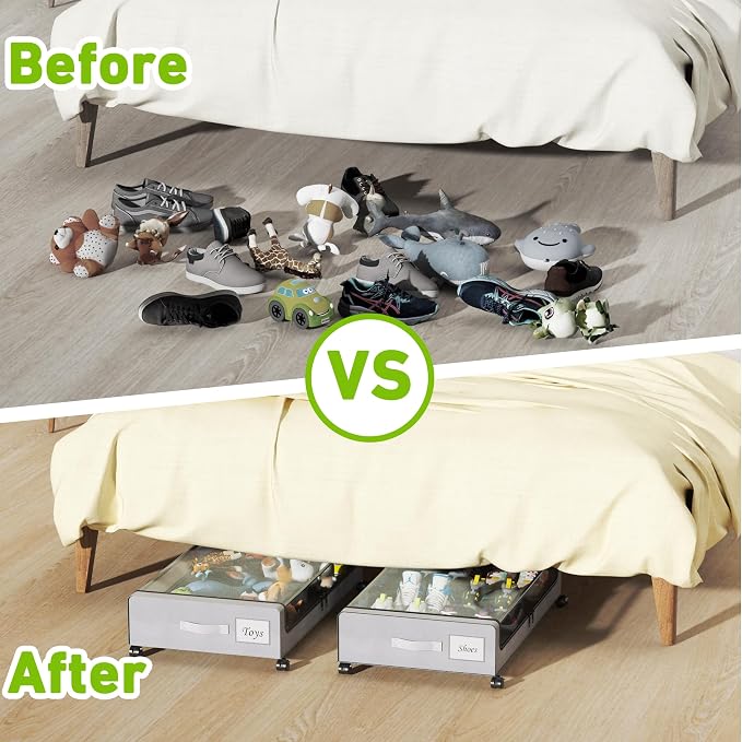 Tututry Under Bed Storage with Wheels, XXL 60L Under the Bed Storage Bins, Underbed Storage Containers with Lids & Label, Rolling Metal Drawer for Shoes, Clothes, Books, Toys (4-Pack Gray) - Image 6
