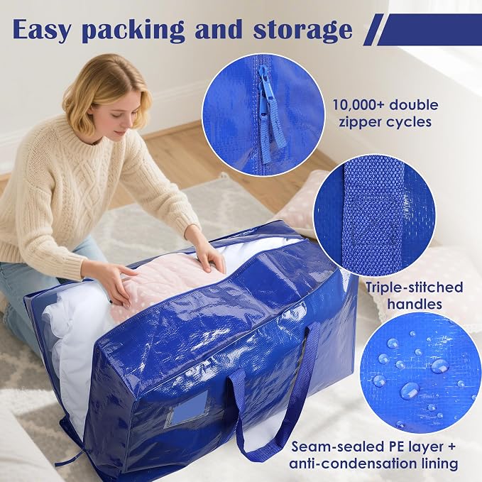 6 Pack Moving Bags with Full-Open Side Zipper, Extra Large 93L Heavy Duty Waterproof Foldable Storage Totes for College Dorm, Moving & Home Organization,Blue - Image 3