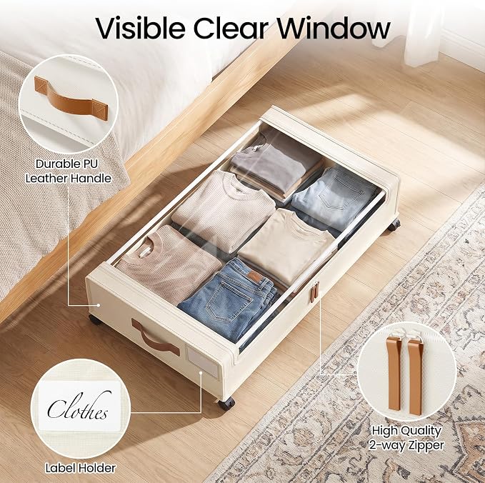 Yecaye Under Bed Storage with Wheels, 2 Pack Under Bed Storage Containers, 60L Underbed Shoe Storage with Clear Window & Label, Rolling Under Bed Metal Drawer for Clothes, Shoes, Books, Blankets - Image 4