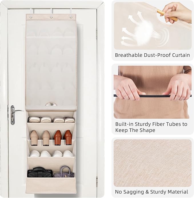 STORAGE MANIAC Over the Door Shoe Organizer with Curtain Dustproof Heavy-Duty Large Deep Pocket Hanging Shoe Organizer for Closet Dorm & Narrow Door Storage Shoe Holder Shoe Rack, 9-Shelf Beige 1 Pack - Image 4