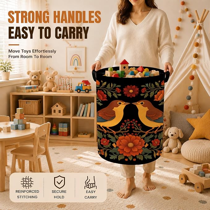 Vintage Birds Laundry Basket,Rustic Flowers Oxford Cloth Foldable Hamper with Handles, Portable Clothes Storage Bucket and Laundry Bag for Bathroom Laundry Room Bedroom Dorm - Image 4