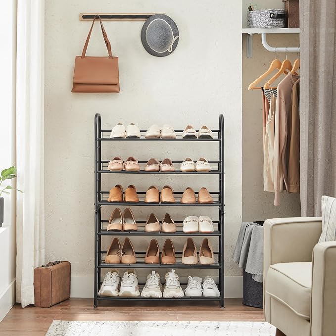 SONGMICS 3-Tier Stackable Metal Shoe Rack, Holds Up to 12 Pairs of Shoes | Shoe Organizer for Closet, Entryway, and Small Spaces, with Adjustable Slanted Shelves, Black, DAVIAN Collection ULMR066B01 - Image 4