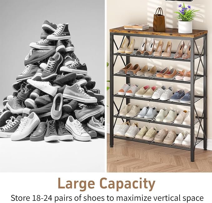 6-Tier Shoe Rack Organizer, Large Capacity Shoe Shelf with Metal Shelves, Holds up to 24 Pairs of Shoes, Shoe Storage for Entryway Closet Bedroom, Rustic Brown - Image 6