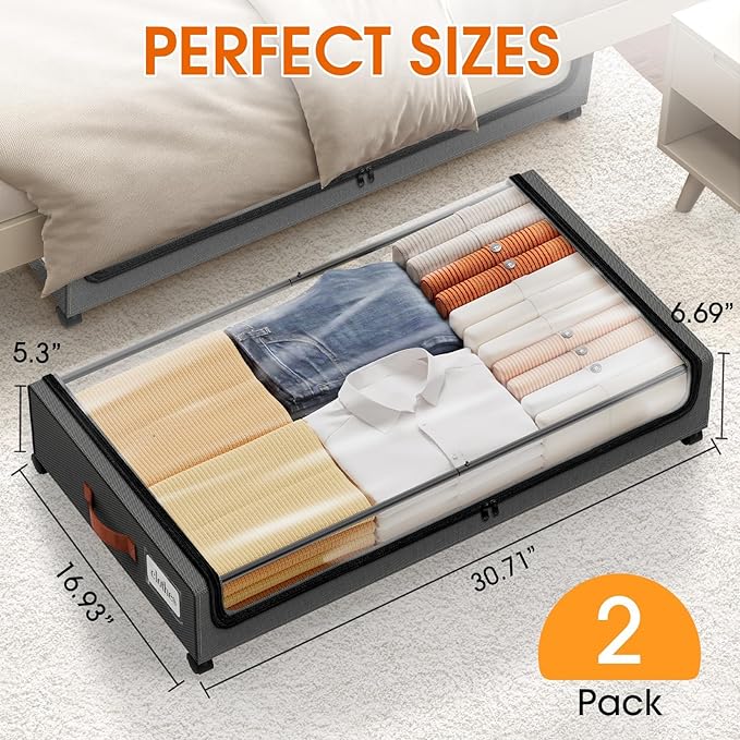 Under Bed Storage with Wheels 2Pack Storage Containers with Clear Window | Under Bed Drawers Rolling Under Bed Storage for Clothes,Shoes, Blankets (30.71 x 16.93 x 6.69 in, Dark Grey) - Image 2